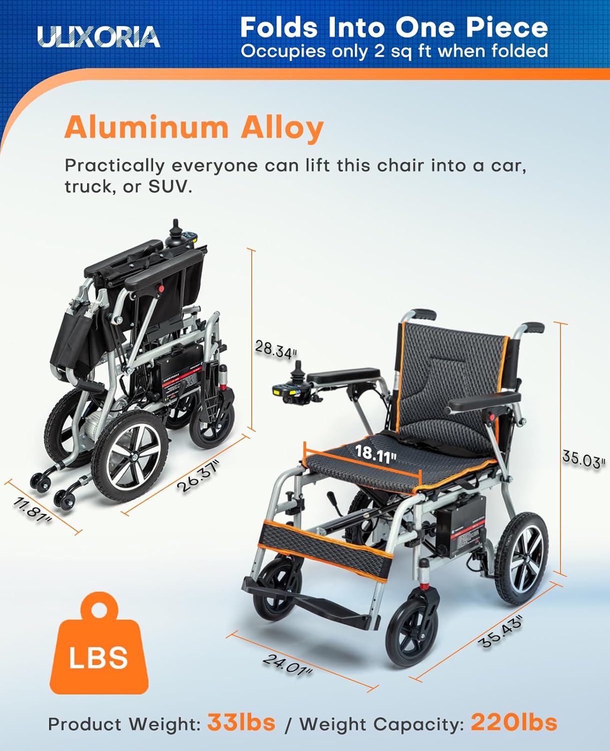 33lb Lightweight Folding Electric Wheelchair – Dual 180W Motors